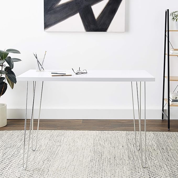 Walker Edison Mid Century Modern Hairpin Wood Laptop Computer Writing Desk Home Office Workstation Small, 42 Inch, White