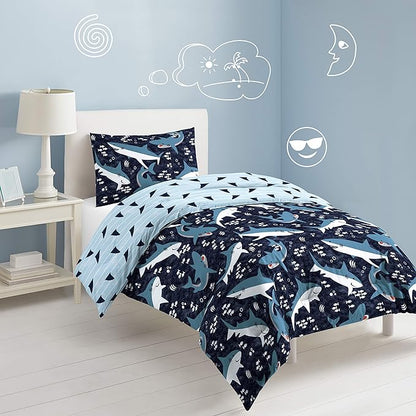 Dream Factory Sharks Boys Full Queen Size Boys Bedding Set Cotton Kids Comforter Set with Sham, 3 Piece, Full/Queen, Navy