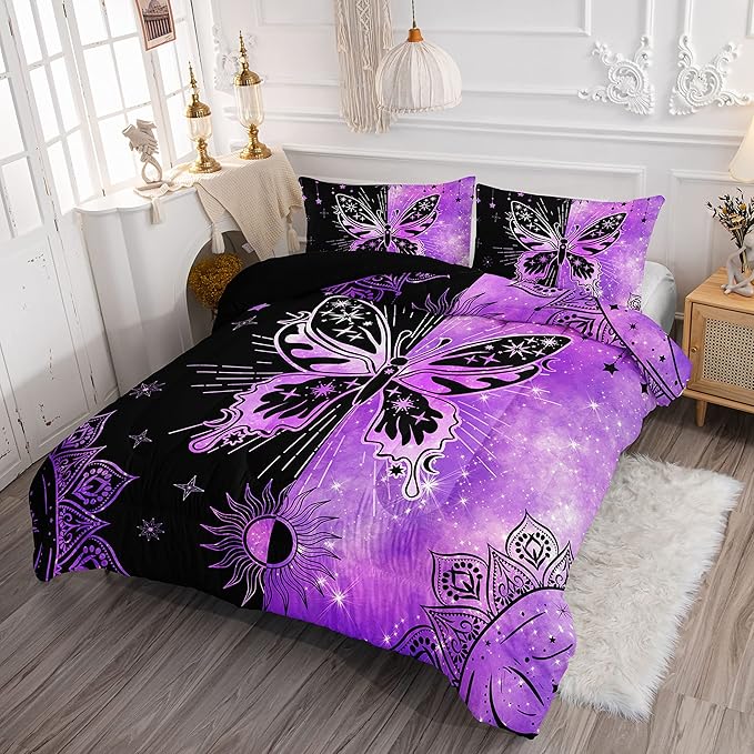 Datura home Black Purple Butterfly Comforter Set for Girls Women,Boho Butterfly Sun and Moon Mandala Printed Bedding Set with 2 Pillowcases(Black Purple Queen)