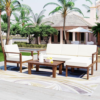 Outdoor Patio Furniture Set with Acacia Wood L-shaped Sectional Sofa, Armchair and A Small Table, 4-Piece for Gardens Backyards Balconies, Onesize, Beige Cushions