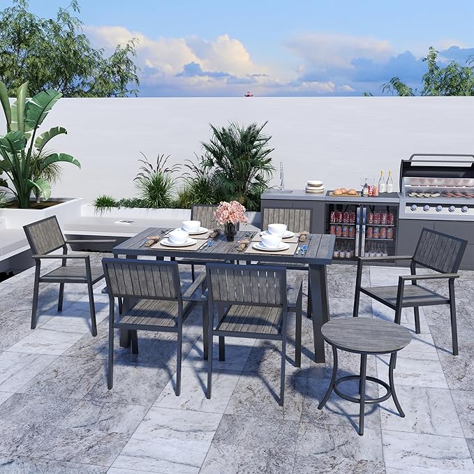 Pamapic Aluminum Outdoor Dining Set, Patio Dining Set for 8 with 6 Outdoor Stackable Chairs, Patio Table and Chairs Set with Plastic-Wood Table Top for Patio, Garden(Charcoal Gray)