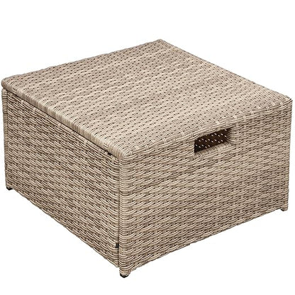 Set, 4 Piece Outdoor Wicker Rattan Sectional Sofa with Glass Table, Ottoman and Soft Cushions, Front Porch Apartment Patio Furniture for Backyard Lawn Garden, Onesize, E-Gray-e