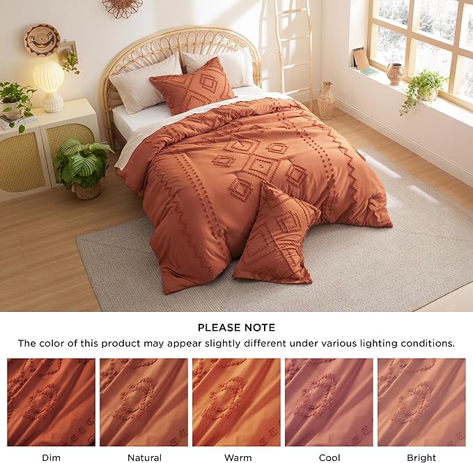 Bedsure Boho Comforter Set Queen - Terracotta Tufted Bedding Comforter Set, 3 Pieces Farmhouse Shabby Chic Embroidery Bedding Set, Soft Geometric Pattern Comforter for All Seasons