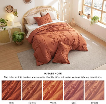 Bedsure Boho Comforter Set Queen - Terracotta Tufted Bedding Comforter Set, 3 Pieces Farmhouse Shabby Chic Embroidery Bedding Set, Soft Geometric Pattern Comforter for All Seasons