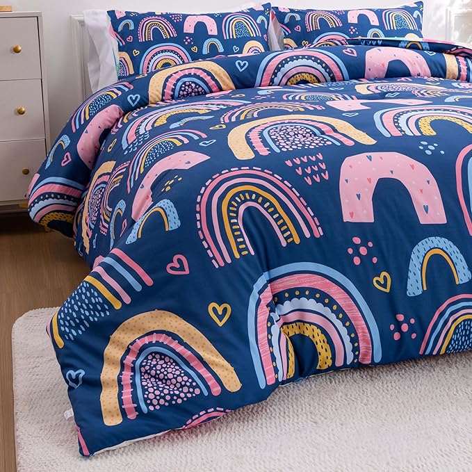 Btargot Lightweight Soft 3 Piece Rainbow Comforter Set with 2 Pillow Covers, Cartoon Love Hearts Suns and Stars Bedding Set for Girls Boys Kids, Queen Dark Blue