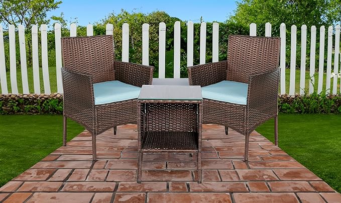 BTEXPERT Space Saving Outdoor Wicker Conversation 3 Piece Bistro Set Garden Patio Yard Porch Furniture Pe Rattan Two Chairs Cushions Side Storage Table Brown/Aqua Blue, OneSize