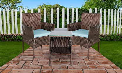 BTEXPERT Space Saving Outdoor Wicker Conversation 3 Piece Bistro Set Garden Patio Yard Porch Furniture Pe Rattan Two Chairs Cushions Side Storage Table Brown/Aqua Blue, OneSize