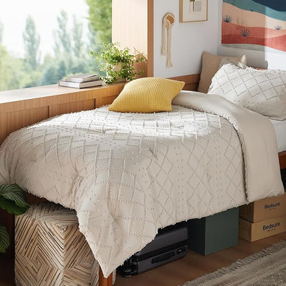 Bedsure Twin/Twin XL Comforter Set - Beige Boho Twin Extra Long Comforter Set for College, Shabby Chic Dorm Bedding Set, 2 Pieces Modern Farmhouse Bed Set, includes 1 Pillow Sham