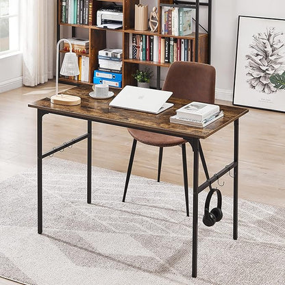 VECELO 44" Computer Writing Desk for Home Office, Study Table Workstation for Small Spaces with 6 Hooks & Adjustable Legs, Metal Frame,Brown, 44Inches