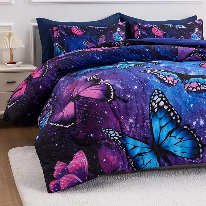 Btargot 3 Piece Butterfly Pattern Girls Comforter Set with 2 Pillow Covers, Galaxy Outer Space Printed Bedding Set for Women, Full Purple Blue