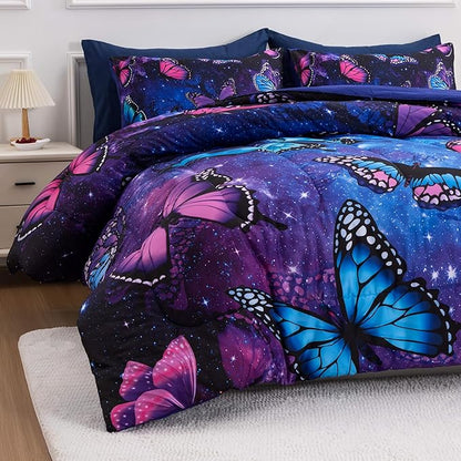 Btargot 3 Piece Butterfly Pattern Girls Comforter Set with 2 Pillow Covers, Galaxy Outer Space Printed Bedding Set for Women, Full Purple Blue