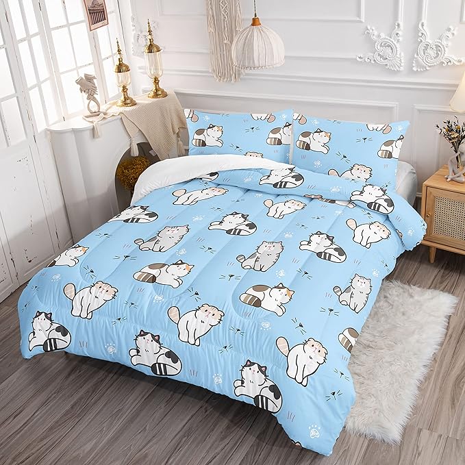 Datura home Blue Kawaii Cat Comforter Bedding Set for Girls Lovely Kitten Print Cute Animal Pattern with 1 and 2 Pillowcases Bedroom All Season(Cat Queen), Queen 90x90inches
