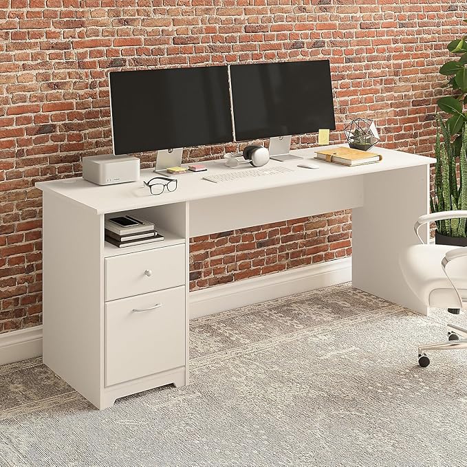Bush Furniture Cabot Desks for Home Office with Storage and Chrome Hardware | Elegant Computer Table with Drawers, 72W, White