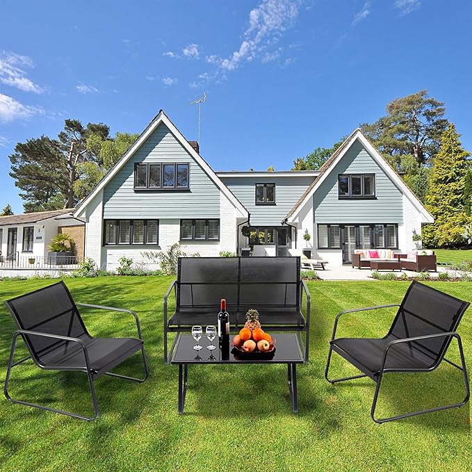 4 Pieces Patio Furniture Set Outdoor Patio Conversation Sets Poolside Lawn Chairs with Glass Coffee Table Porch Furniture for Courtyard, Garden and Balcony (Black)