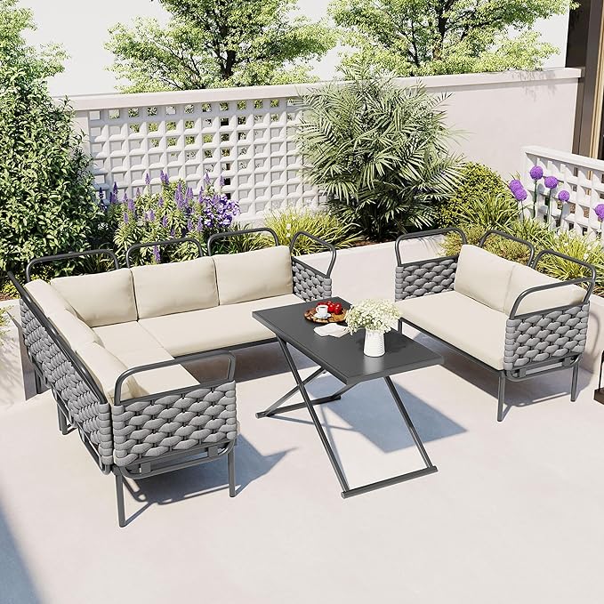5-Piece Woven Rope Outdoor Patio Furniture Sets, L-shaped Conversation Sectional Sofa with Loveseat, Corner Couch, Glass Table and Removable Cushions, for Garden Backyard, Onesize, Gray+Beige