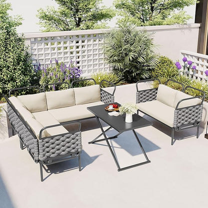 5-Piece Woven Rope Outdoor Patio Furniture Sets, L-shaped Conversation Sectional Sofa with Loveseat, Corner Couch, Glass Table and Removable Cushions, for Garden Backyard, Onesize, Gray+Beige