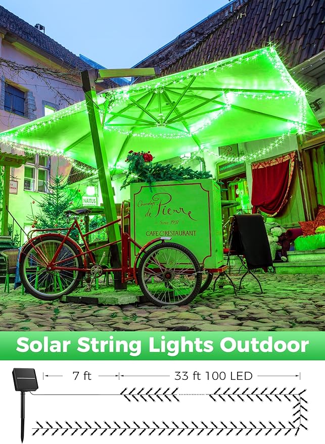 Minetom Solar String Lights Outdoor, 40FT 100 LED String Lights Solar Powered with 8 Lighting Modes, Green String Lights for St Patrick Decoration, Waterproof Solar Lights for Outside Tree Yard, Green