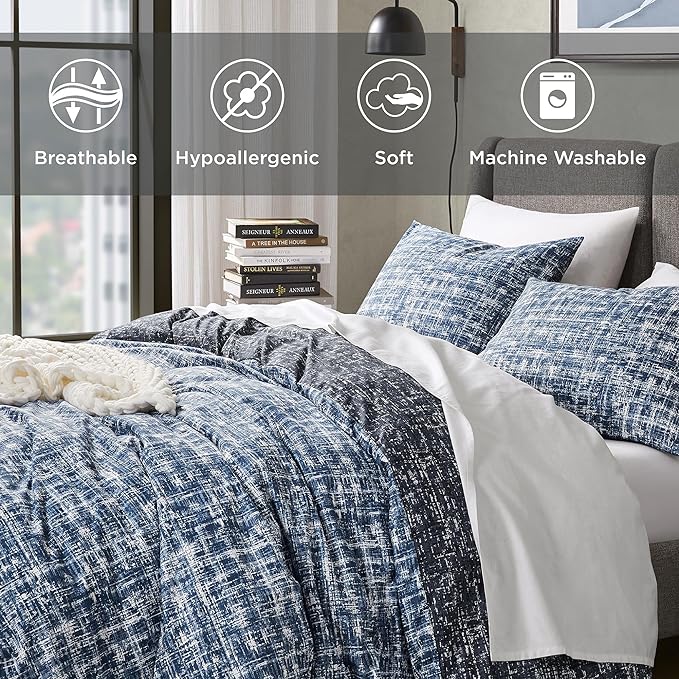 Hyde Lane Blue Full/Queen Comforter Set for Men, Modern Farmhouse Aesthetic Soft Bedding, Masculine Plaid Lines Pattern Bed Sets for All Season, 3 Pieces includes 1 Comforter, 2 Shams (90"x 90")