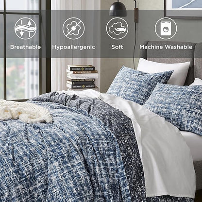 Hyde Lane Blue Full/Queen Comforter Set for Men, Modern Farmhouse Aesthetic Soft Bedding, Masculine Plaid Lines Pattern Bed Sets for All Season, 3 Pieces includes 1 Comforter, 2 Shams (90"x 90")