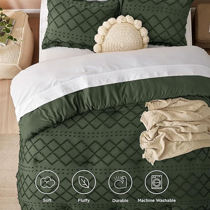 Bedsure King Size Comforter Set - Olive Green Comforter, Boho Tufted Shabby Chic Bedding Comforter Set, 3 Pieces Farmhouse Bed Set for All Seasons, Fluffy Soft Bedding Set with 2 Pillow Shams