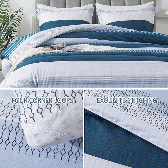 Andency Stripe Comforter Set Twin Size (66x90 Inch), 2 Pieces Navy Patchwork Striped Comforter, Soft Microfiber Down Alternative Comforter Bedding Set with Corner Loops