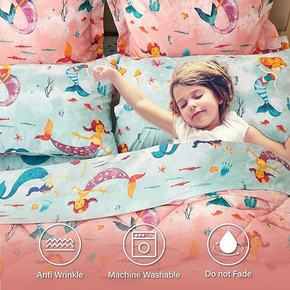 Twin Size Mermaid Kids Bedding Set for Girls, 5 Pieces Super Soft Lightweight Microfiber Comforter Set with Sheets, Bed in a Bag, Durable Children Bed Set