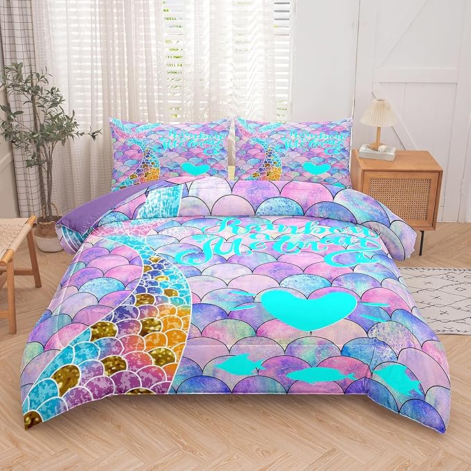 NINENINE Blue and Purple Mermaid Tail Comforter Sets for Girls,Full Size Rainbow Princess Bedding,Girly Glitter Comforter Sets,Sparkly Fish Scales Bedding Sets with 1 Comforter 2Pillowcases