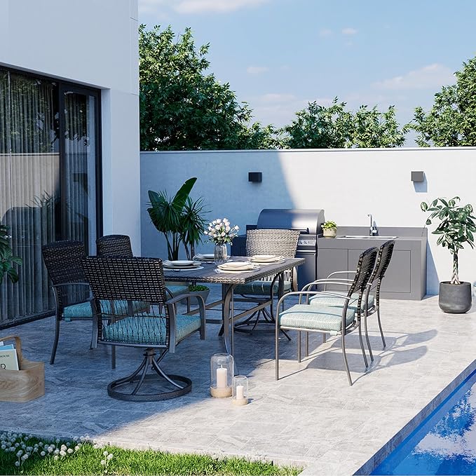 Pamapic 7 Piece Patio Dining Set for 6,Outdoor Wicker Furniture Set for Backyard Garden Deck Poolside with 4 Dining Chairs and 2 Swivel Rockers,Iron Slats Table Top, Removable Cushions(Green)