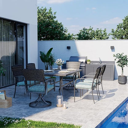 Pamapic 7 Piece Patio Dining Set for 6,Outdoor Wicker Furniture Set for Backyard Garden Deck Poolside with 4 Dining Chairs and 2 Swivel Rockers,Iron Slats Table Top, Removable Cushions(Green)