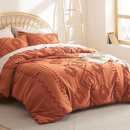 Bedsure Boho Comforter Set Twin - Terracotta Tufted Bedding Comforter Set, 2 Pieces Farmhouse Shabby Chic Embroidery Bedding Set, Soft Geometric Pattern Comforter for All Seasons