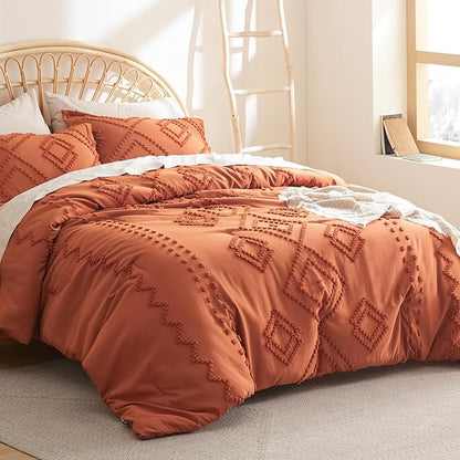 Bedsure Boho Comforter Set Full - Terracotta Tufted Bedding Comforter Set, 3 Pieces Farmhouse Shabby Chic Embroidery Bedding Set, Soft Geometric Pattern Comforter for All Seasons