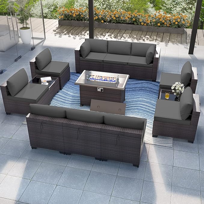 Patio Furniture Set with Fire Pit Table 13-Pieces Outdoor Sectional Furniture Outdoor Rattan Patio Conversation Sets with 43in 55,000 BTU Propane Gas Fire Pit Table Glass Table, Grey