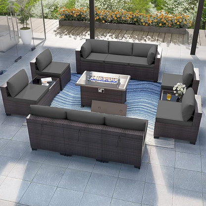 Patio Furniture Set with Fire Pit Table 13-Pieces Outdoor Sectional Furniture Outdoor Rattan Patio Conversation Sets with 43in 55,000 BTU Propane Gas Fire Pit Table Glass Table, Grey