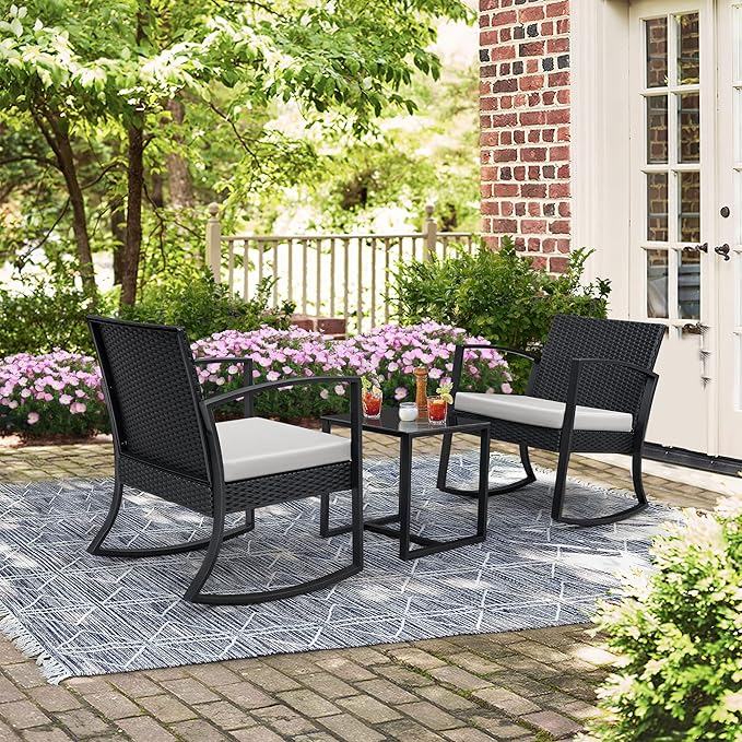 Greesum 3 Pieces Outdoor Furniture Set Patio Bistro Rocking Chairs with Glass Coffee Table for Pool Beach Backyard Balcony Porch Deck Garden, White
