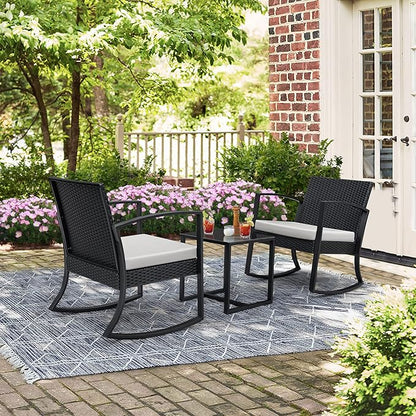 Greesum 3 Pieces Outdoor Furniture Set Patio Bistro Rocking Chairs with Glass Coffee Table for Pool Beach Backyard Balcony Porch Deck Garden, White