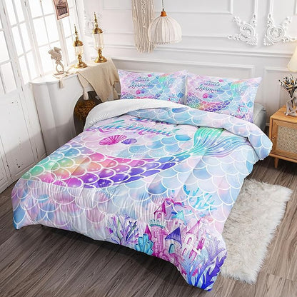 Datura home Bedding Comforter Set Rainbow Purple Mermaid Tail Printed Comforter Set with 1 Comforter and 2 Pillowcases for Girls Bedroom All Season(Rainbow Purple Twin)