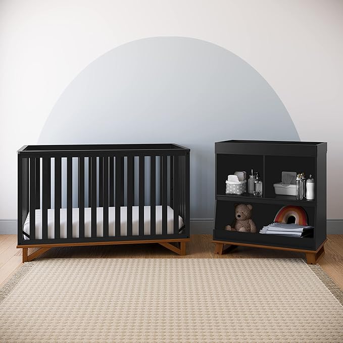 Storkcraft Santa Monica 5-in-1 Convertible Crib (Black with Vintage Driftwood) – GREENGUARD Gold Certified, Modern Design, Two-Tone Baby Crib, Converts to Toddler Bed, Daybed and Full-Size Bed
