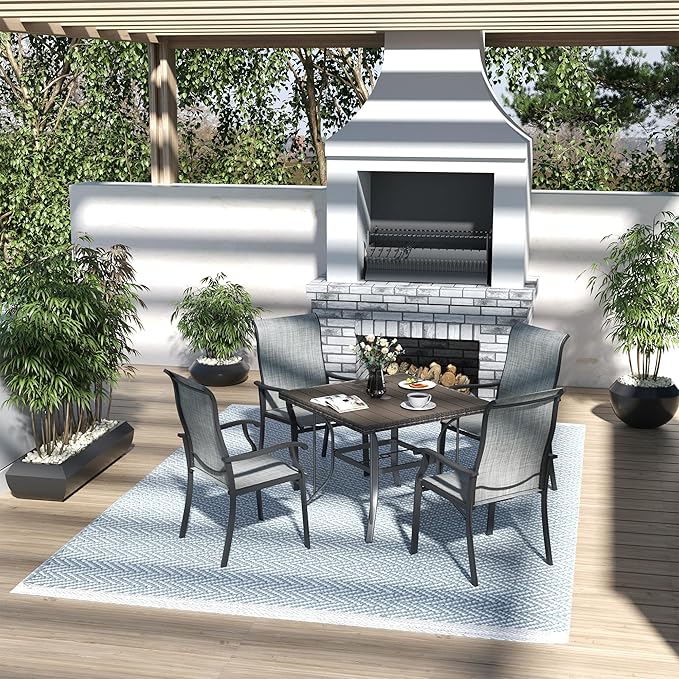 Pamapic 5 Pieces Patio Dining Set, Outdoor Table and Chairs for Garden Backyard Poolside Deck,Outdoor Furniture Set with Square Plastic-Wood Table Top,4 Textilene Chairs,Gray