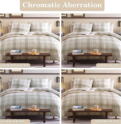 Beige Queen Bed Set, Khaki Green Plaid Comforters Queen Size for Boys & Girls,Classic Homestead-style Queen Size Comforter Sets with Sheets and Comforter Set