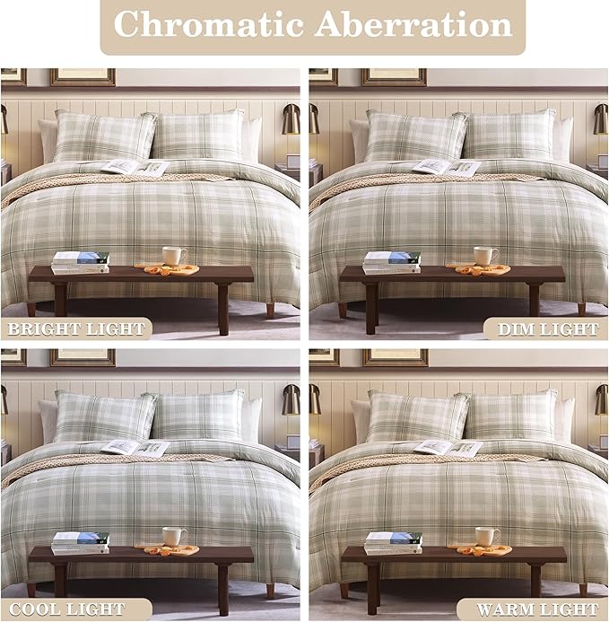 Beige Twin Comforter Set, Khaki Green Plaid Twin XL Comforter Set for Boys & Girls,Classic Homestead-style Twin Bed Set with Sheets and Comforter Set