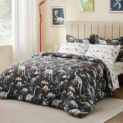 Dinosaur Twin Comforter for Boys,5 Pieces Kids Bedroom Bedding Set with Sheets and Pillowcase,Super Soft Lightweight for All Seasons,Grey,Machine Washable