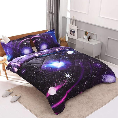 Wowelife Galaxy Comforter Set Full 5 Pieces Galaxy Bedding Set Blue 3D Galaxy Kids Bedding Set Bed in a Bag for Boys and Girls with Comforter, Flat Sheet, Fitted Sheet and 2 Pillowcases