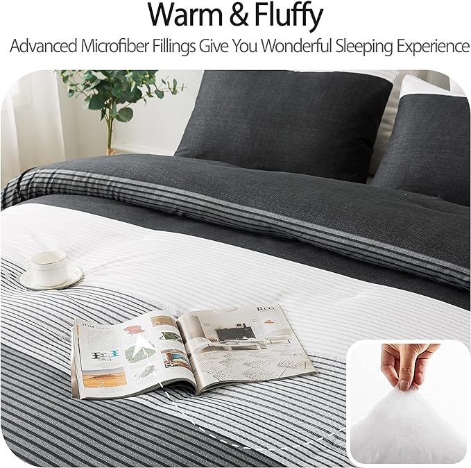 Andency Full Size Comforter Set,3 Pieces Black White Gray Patchwork Striped Comforter(79x90 Inch), Soft Microfiber Down Alternative Full Comforter Bedding Sets with Corner Loops