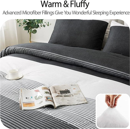 Andency Full Size Comforter Set,3 Pieces Black White Gray Patchwork Striped Comforter(79x90 Inch), Soft Microfiber Down Alternative Full Comforter Bedding Sets with Corner Loops