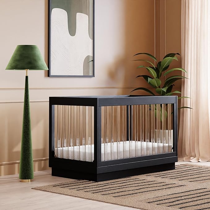 Babyletto Harlow Acrylic 3-in-1 Convertible Crib with Toddler Bed Conversion Kit in Black with Acrylic Slats, Greenguard Gold Certified