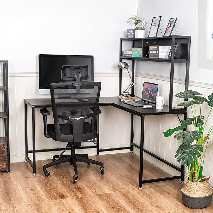Becko US L Shaped Desk with Hutch, 56 Inch Corner Computer Desk, Home Office Writing Desk with Storage Shelves, Space Saving (Black)