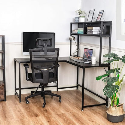 Becko US L Shaped Desk with Hutch, 56 Inch Corner Computer Desk, Home Office Writing Desk with Storage Shelves, Space Saving (Black)