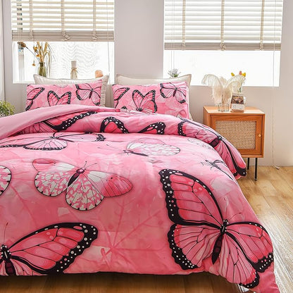 Btargot 3 Piece Pink Butterfly Girls Kids Adults Full Size Comforter Set, Lightweight Soft All Season Bedding Set with 2 Pillowcases