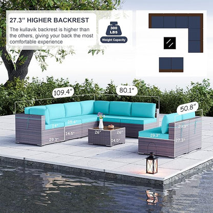 Kullavik 9PCS Outdoor Patio Furniture Set PE Wicker Rattan Sectional Sofa Patio Conversation Sets,Blue
