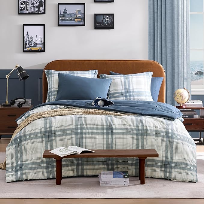 Blue Comforters Queen Size, Plaid Queen Bed Set for Boys & Girls,Classic Homestead-style Queen Size Comforter Sets with Sheets and Comforter Set